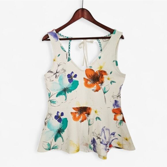 Anthropologie Tops - Postmark for Anthropologie Flynn Floral Peplum V-Neck Tie Back Top Tank Blouse L